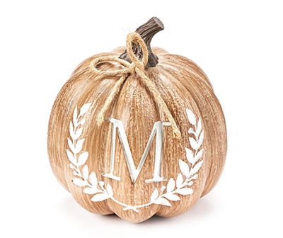 "M" Monogram Wood-Look Resin Pumpkin
