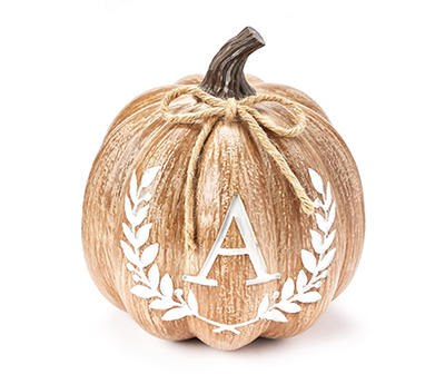 "A" Monogram Wood-Look Resin Pumpkin