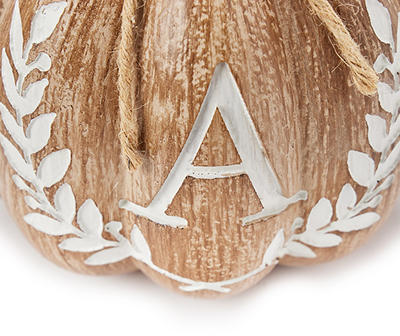"A" Monogram Wood-Look Resin Pumpkin