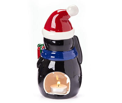 Santa's Workshop Penguin Holding Gift Ceramic Tealight Candle Holder