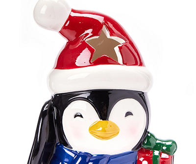 Santa's Workshop Penguin Holding Gift Ceramic Tealight Candle Holder