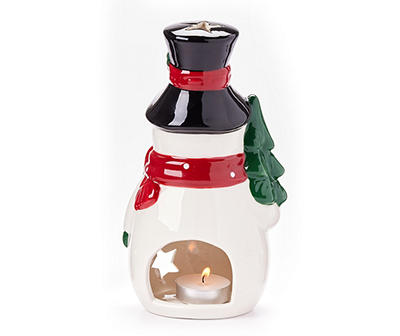 Santa's Workshop Snowman Holding Tree Ceramic Tealight Candle Holder