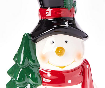 Santa's Workshop Snowman Holding Tree Ceramic Tealight Candle Holder