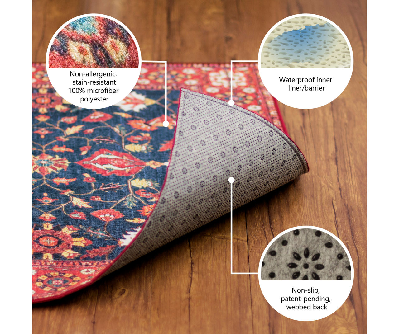 My Magic Carpet Ramage Blue Ornamental Washable Area Rug, (5' x 7')