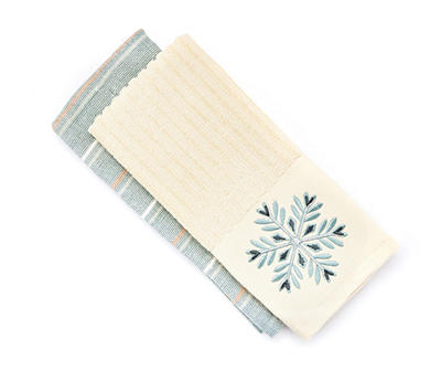 Frosted Forest White & Sage Snowflake Embroidered 2-Piece Kitchen Towel Set