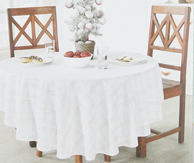 Frosted Forest White Plaid Lurex Metallic Round Fabric Tablecloth, (60")