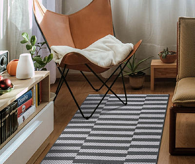 My Magic Carpet Tratti Black & Cream Offset Stripe Washable Area Rug, (5' x 7')