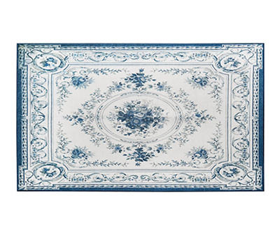 My Magic Carpet Aubusson Blue & White Ornamental Washable Area Rug, (3' x 5')