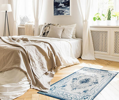 My Magic Carpet Aubusson Blue & White Ornamental Washable Area Rug, (3' x 5')