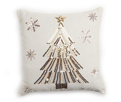 Frosted Forest Ivory Sequin Tree Square Throw Pillow