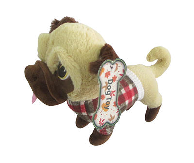 Cream Pug Wearing Plaid Sweater Dog Toy