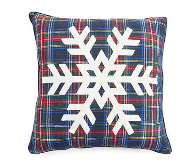 Santa's Workshop Navy & Red Plaid Snowflake Throw Pillow