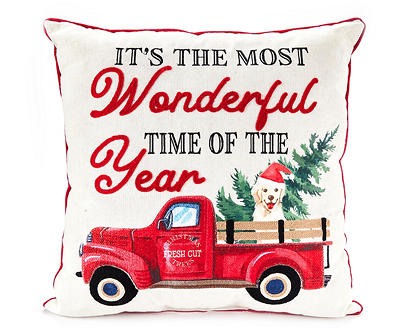 Santa's Workshop "Most Wonderful Time" White & Red Throw Pillow