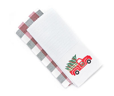 Santa's Workshop White & Green Tree Truck Embroidered 2-Piece Kitchen Towel Set