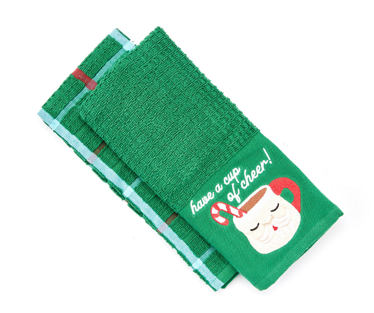 Winter Wonder Lane Santa's Workshop Cup of Cheer Green Embroidered  2-Piece Kitchen Towel Set