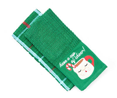 Santa's Workshop "Cup of Cheer" Green Embroidered 2-Piece Kitchen Towel Set