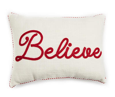 Santa's Workshop "Believe" White & Red Throw Pillow