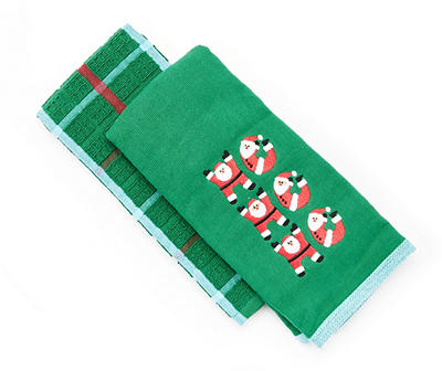 Santa's Workshop "Ho Ho Ho" Green Embroidered 2-Piece Kitchen Towel Set