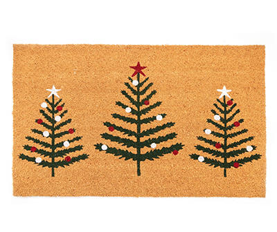 Festive Gathering Tan & Green Holiday Trees Coir Doormat