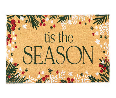 Festive Gathering "Tis the Season" Tan & Green Coir Doormat