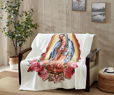 White & Red Our Lady of Guadalupe Fleece Raschel Throw, (50" x 60")
