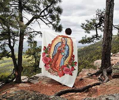 White & Red Our Lady of Guadalupe Fleece Raschel Throw, (50" x 60")