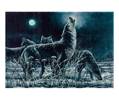 Blue & White Wolf Moon Howling Fleece Raschel Throw, (50" x 60")