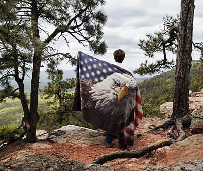Brown, Red & Blue American Eagle Fleece Raschel Throw, (50" x 60")