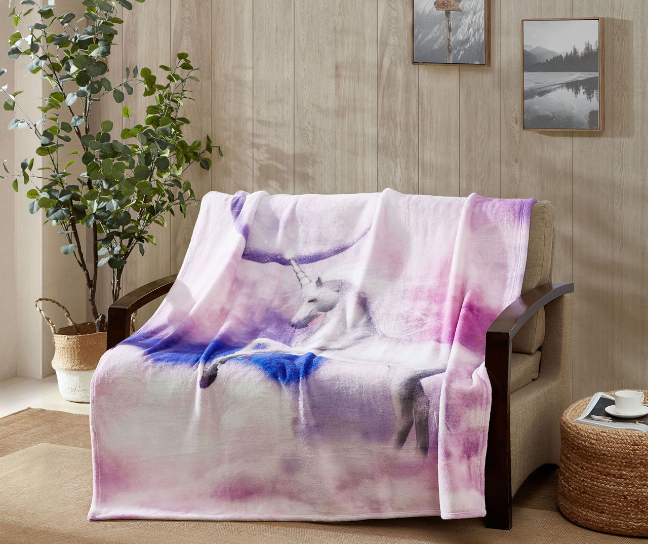 Purple Crescent Unicorn Fleece Raschel Throw, (50" x 60")