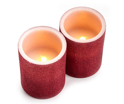 4" Red Glitter LED Pillar Candles, 2-Pack
