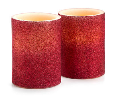 4" Red Glitter LED Pillar Candles, 2-Pack