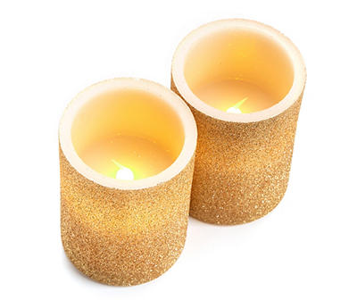 4" Gold Glitter LED Pillar Candles, 2-Pack