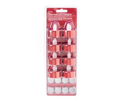 Red Glitter LED Tealight Candles, 8-Pack