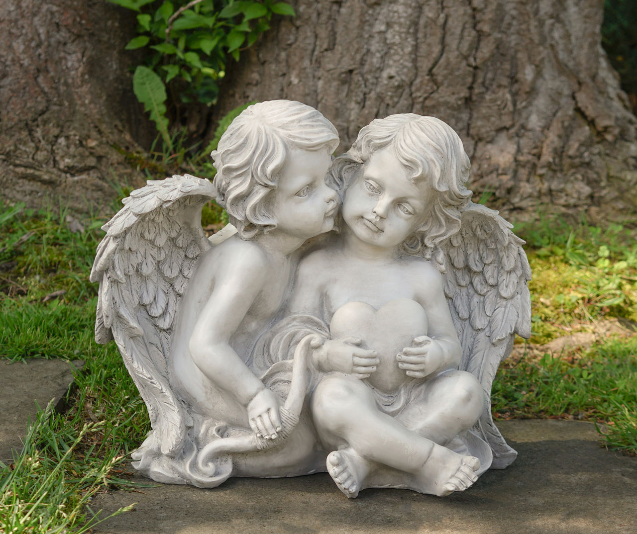 16" Sitting Cherubs & Heart Statue