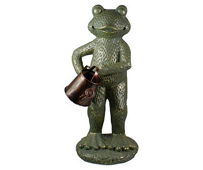 17" Gold Verdigris Watering Can Frog Statue