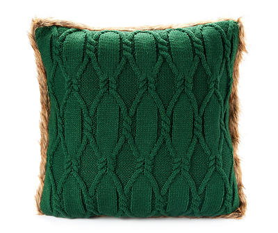 Green Cable-Knit Faux Fur-Trim Throw Pillow