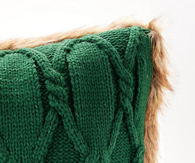 Green Cable-Knit Faux Fur-Trim Throw Pillow