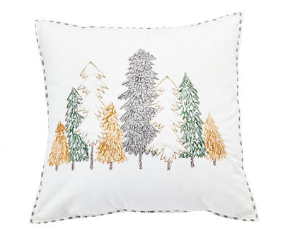 Festive Gathering White & Green Embroidered Trees Throw Pillow