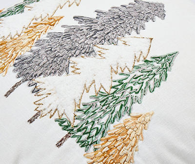 Festive Gathering White & Green Embroidered Trees Throw Pillow