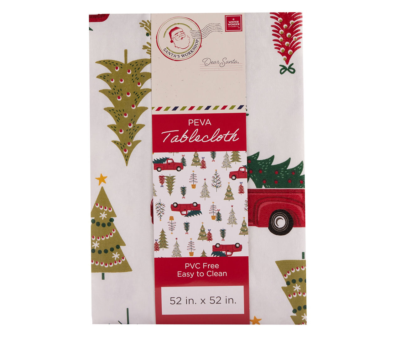 Santa's Workshop White & Red Tree Truck Plastic Tablecloth, (52" x 52")