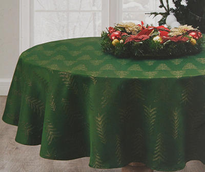 Festive Gathering Green & Gold Trees Round Fabric Tablecloth, (60")