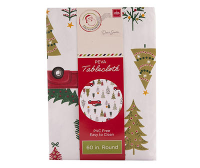 Santa's Workshop White & Red Tree Truck Round Plastic Tablecloth, (60")