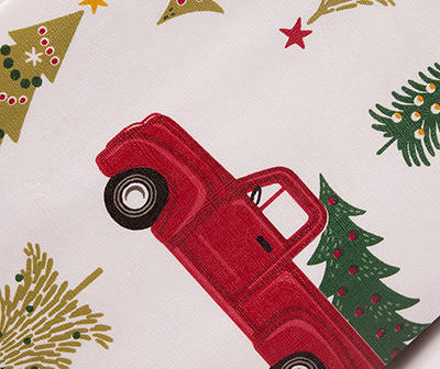 Santa's Workshop White & Red Tree Truck Round Plastic Tablecloth, (60")