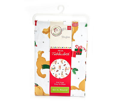 Santa's Workshop White & Brown Holiday Dog Plastic Round Tablecloth, (60")