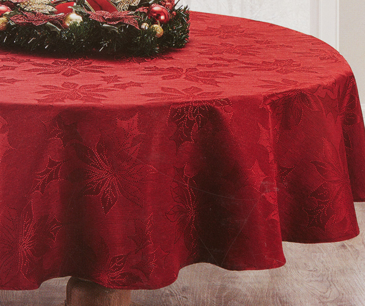 Santa's Workshop Red Poinsettia Round Fabric Tablecloth, (60")