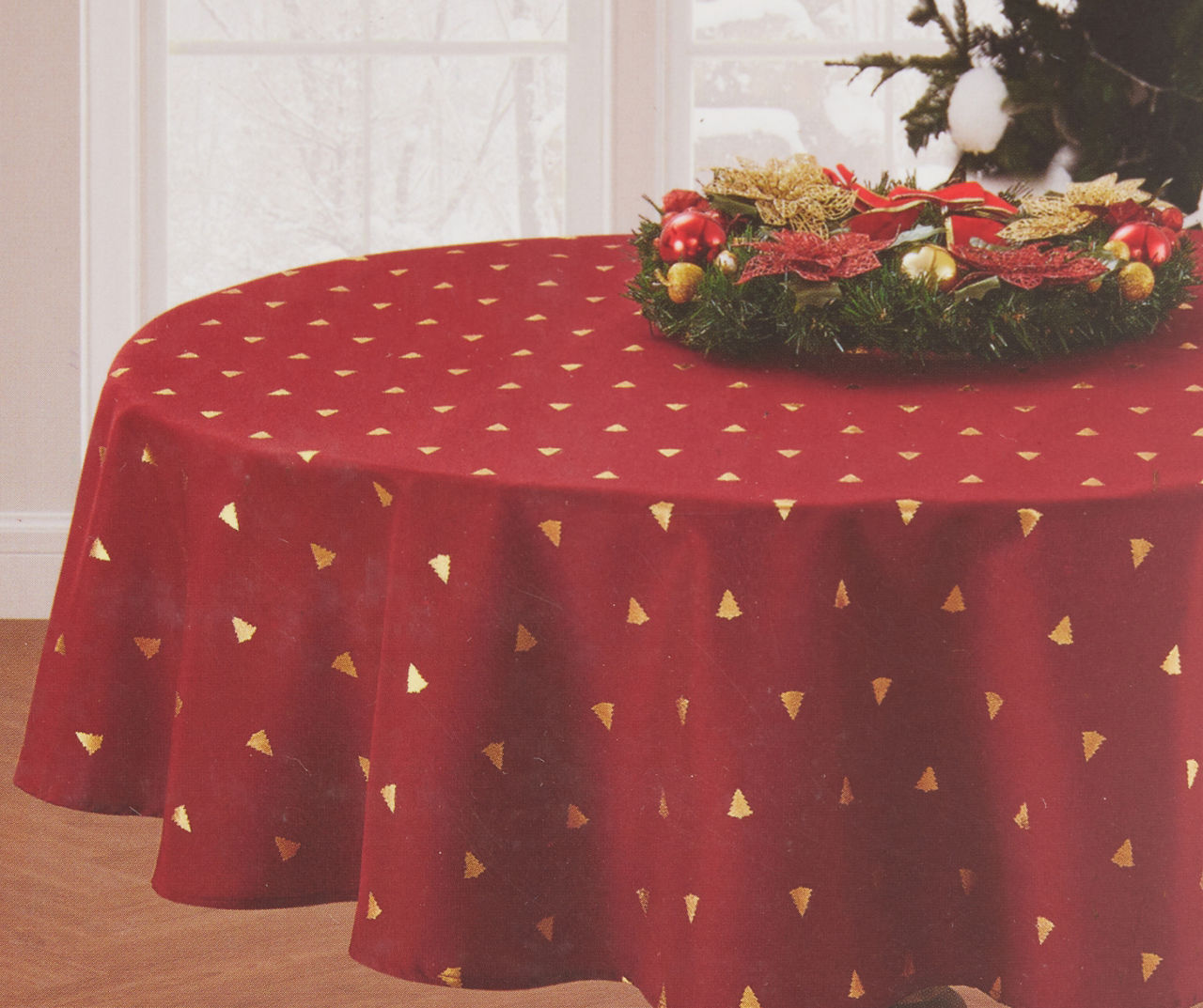 Festive Gathering Red & Gold Foil Trees Round Fabric Tablecloth, (60")