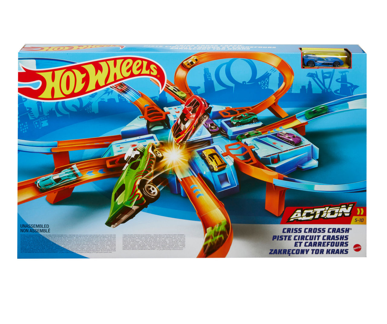  Ultimate Hot Wheels Crashing Action with the Criss Cross Crash  Track Set! [ Exclusive] & Set Of 10 1:64 Scale Toy Trucks And Cars  For Kids And Collectors (Styles May Vary) [