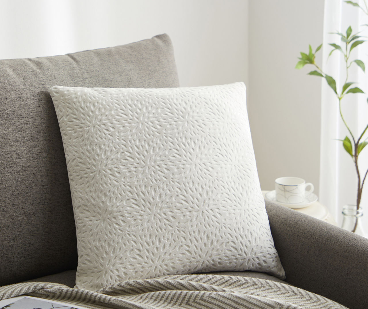 White Embossed Petals Square Throw Pillow