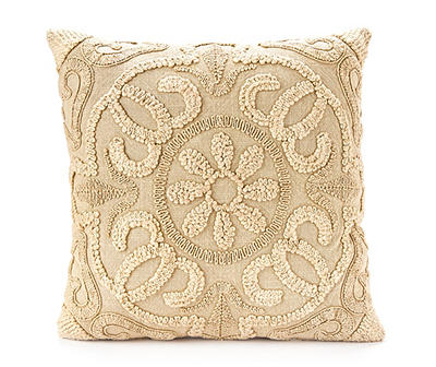 Beige Rope Embroidered Square Throw Pillow