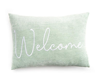 "Welcome" Green Embroidered Rectangle Throw Pillow